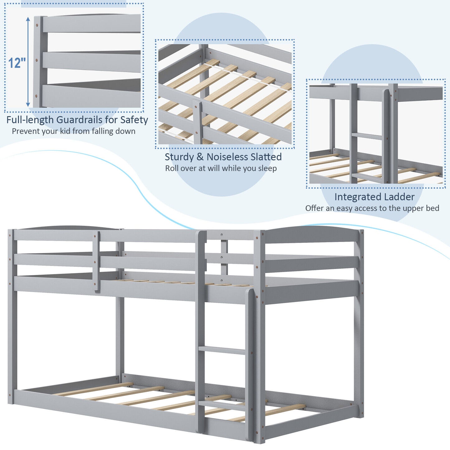 *SPECIAL* - Twin Size Bunk Bed with High Guardrails and Integrated Ladder-Gray