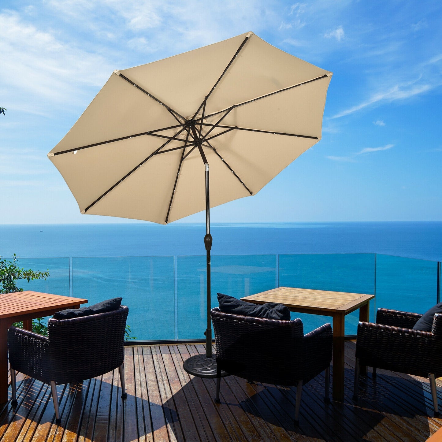 10' Solar LED Lighted Patio Market Umbrella Shade Tilt Adjustment Crank- Tan