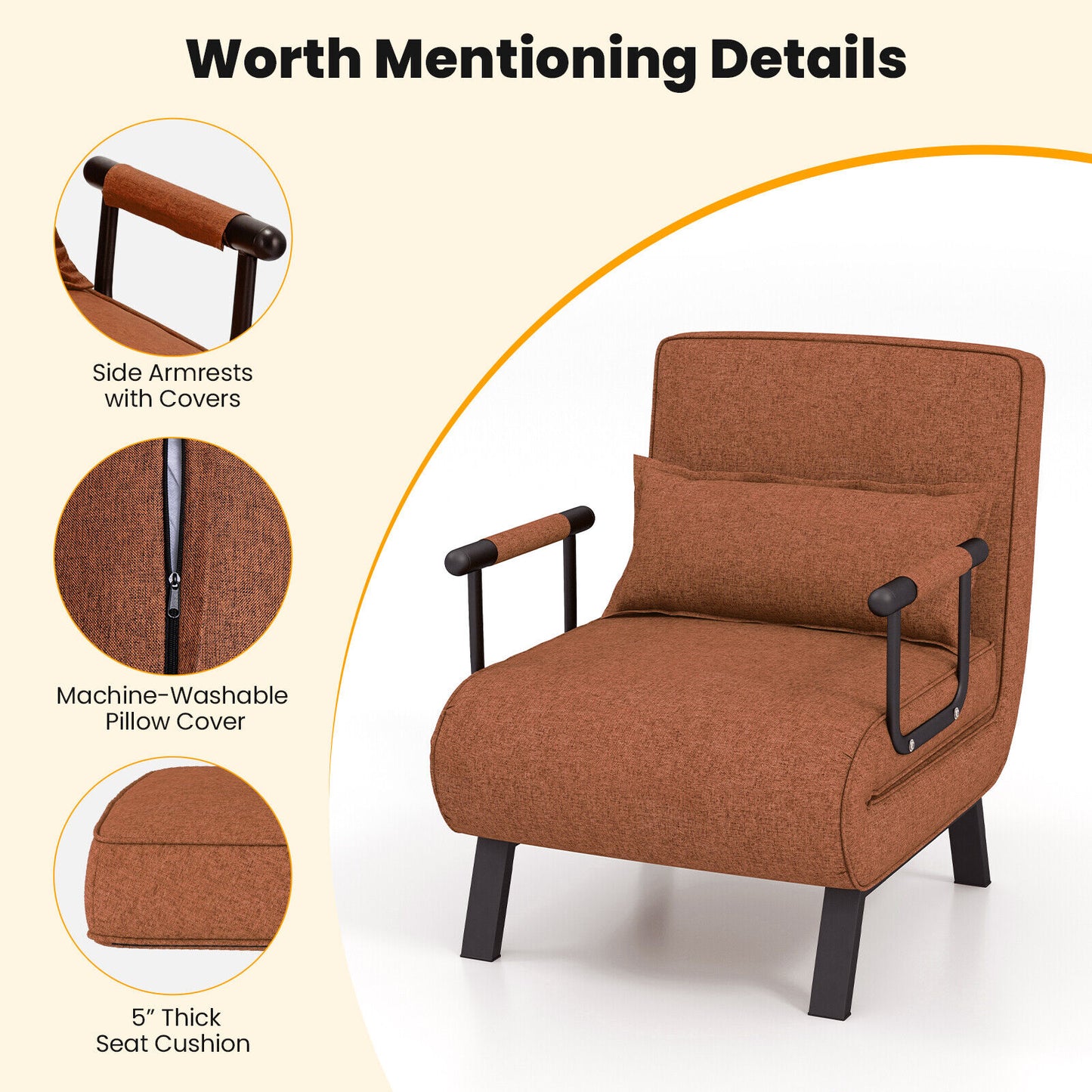 Folding 6 Position Convertible Sleeper Bed Armchair Lounge Couch with Pillow-Coffee