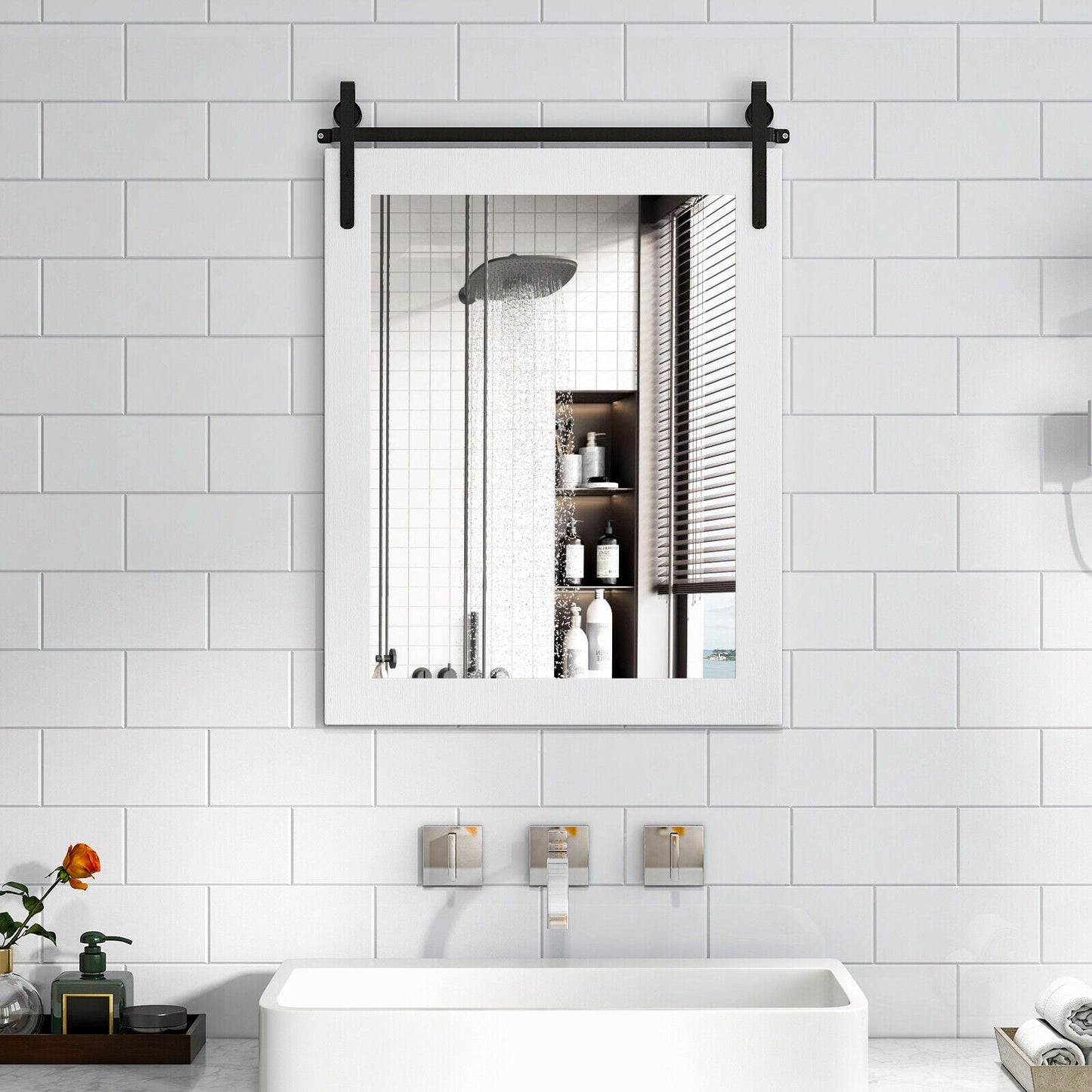 30 x 22 Inch Wall Mount Mirror with Wood Frame-White