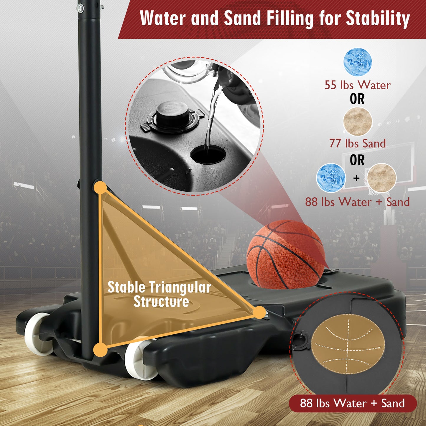 4.3-8.2 FT Portable Basketball Hoop with Adjustable Height and Wheels-Red, 1 box, unassembled