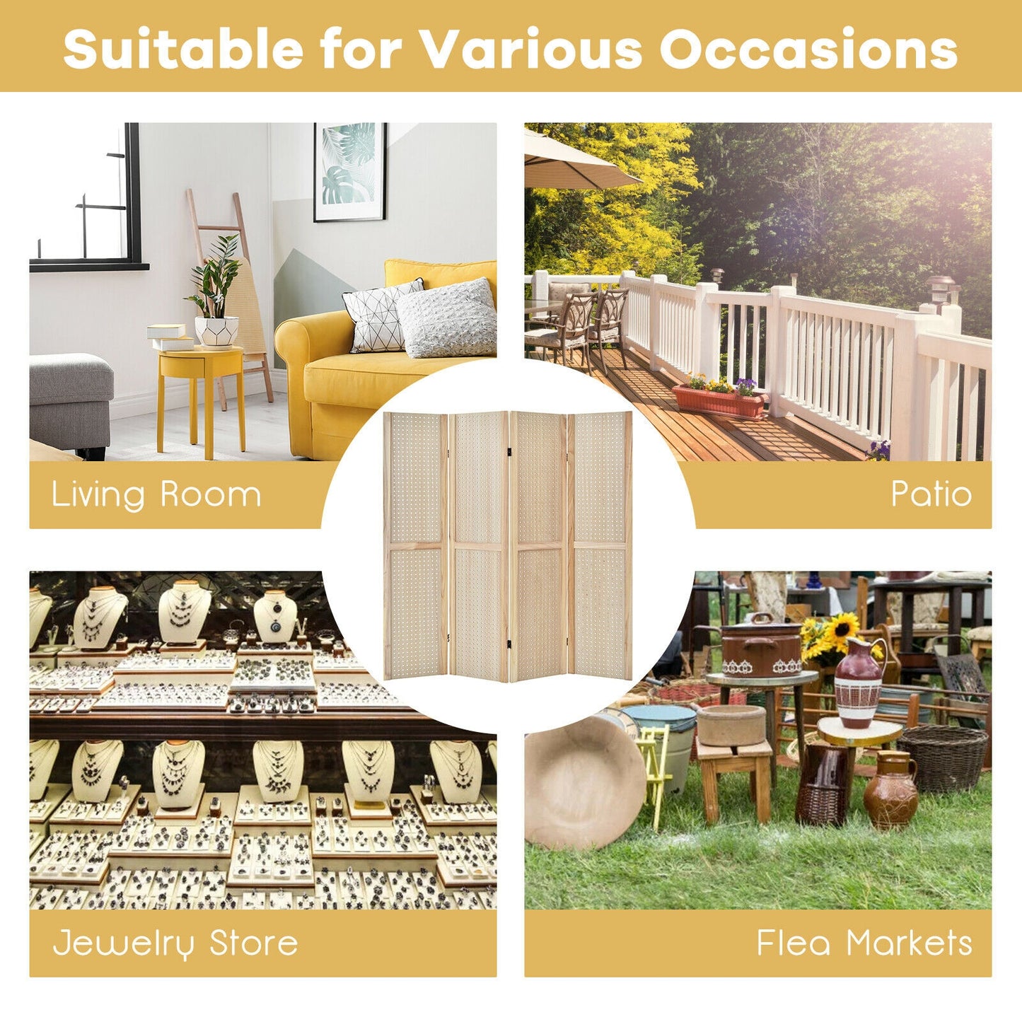 4-Panel Pegboard Display 5 Feet Tall Folding Privacy Screen for Craft Display Organized