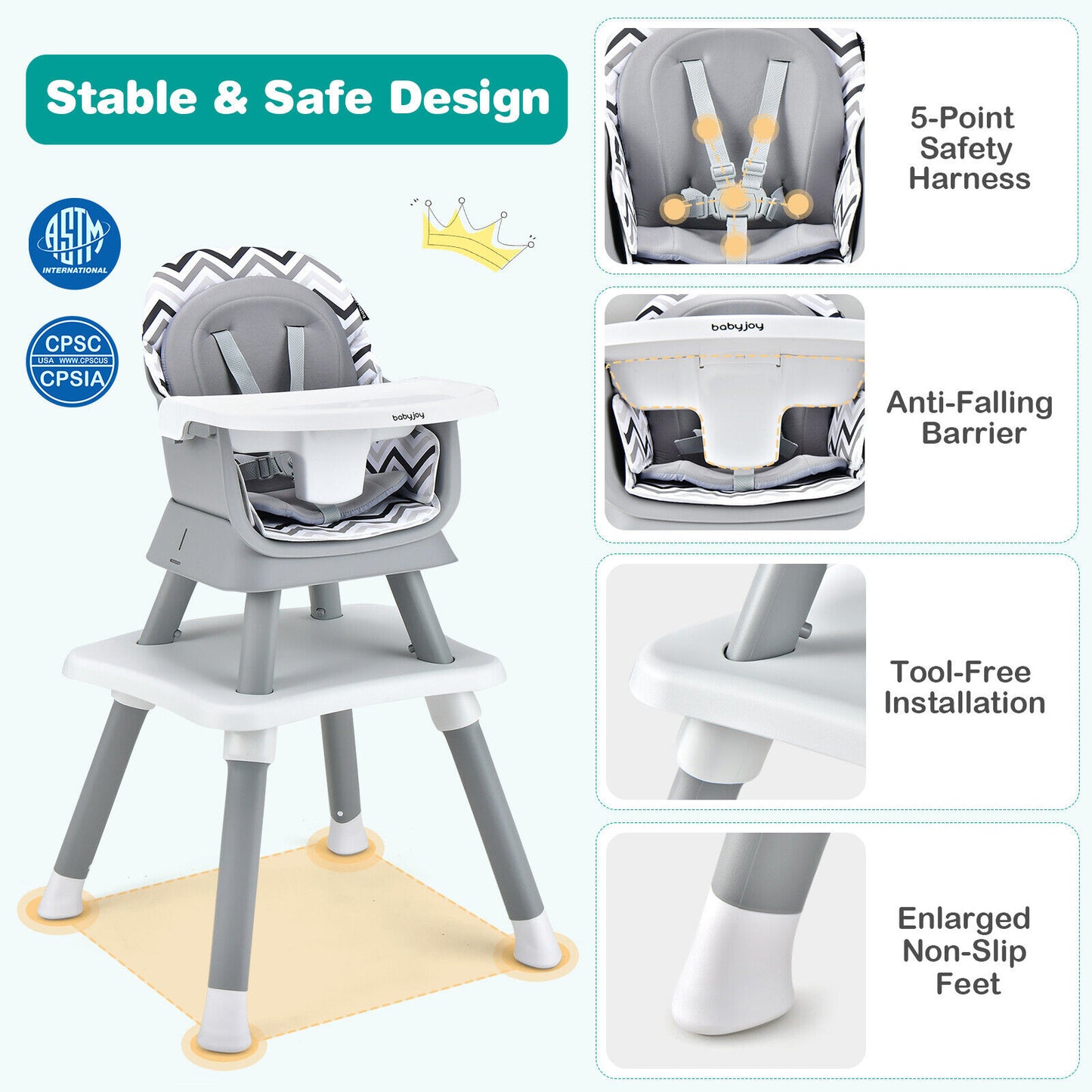 6-in-1 Baby High Chair with Adj Tray-Gray & White, Customer Return Special