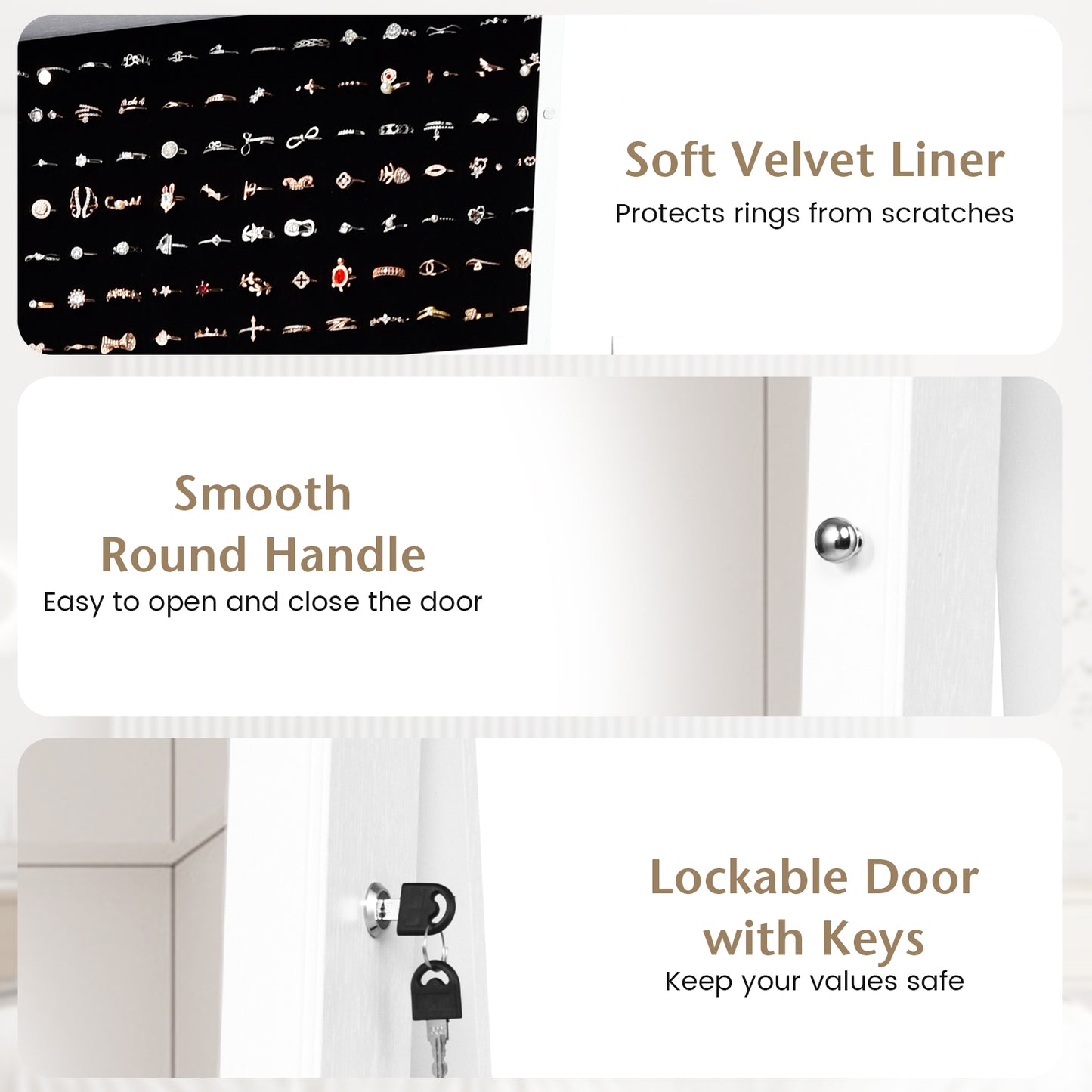 Lockable Freestanding Jewelry Armoire with Full Length Mirror-White (Fully Assembled)
