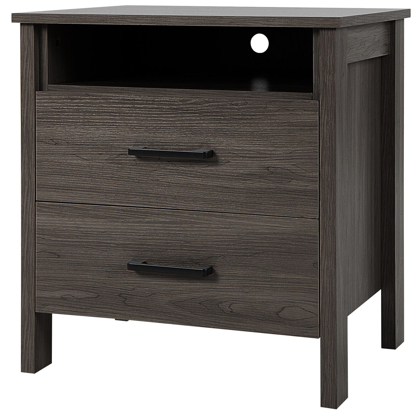 2PCS Nightstand End Table w/ 2 Drawers Cable Hole - Walnut