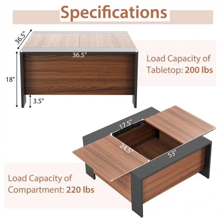 36.5 Inch Coffee Table with Sliding Top and Hidden Compartment, fully assembled