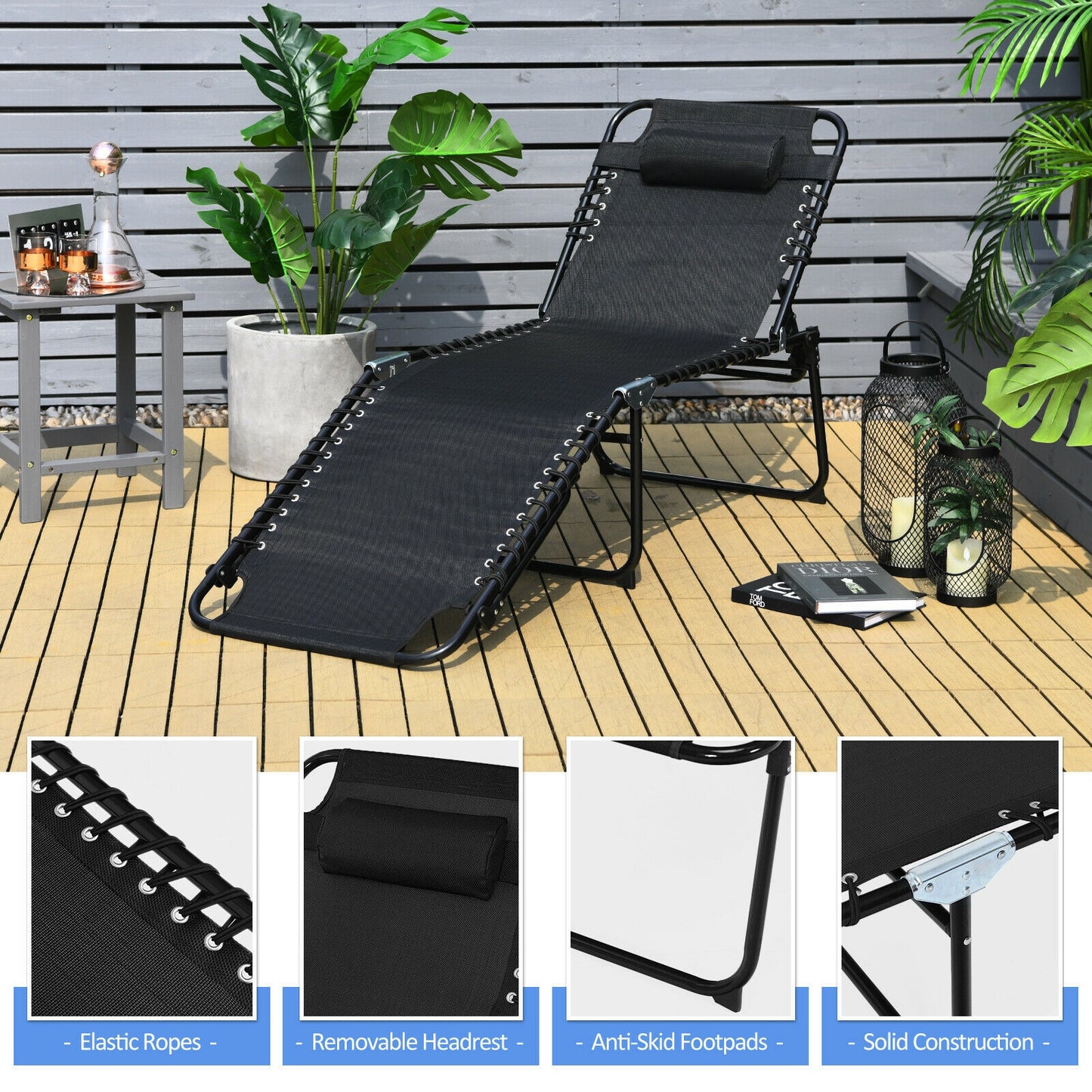 Foldable Recline Lounge Chair with Adjustable Backrest and Footrest-Black (Copy)