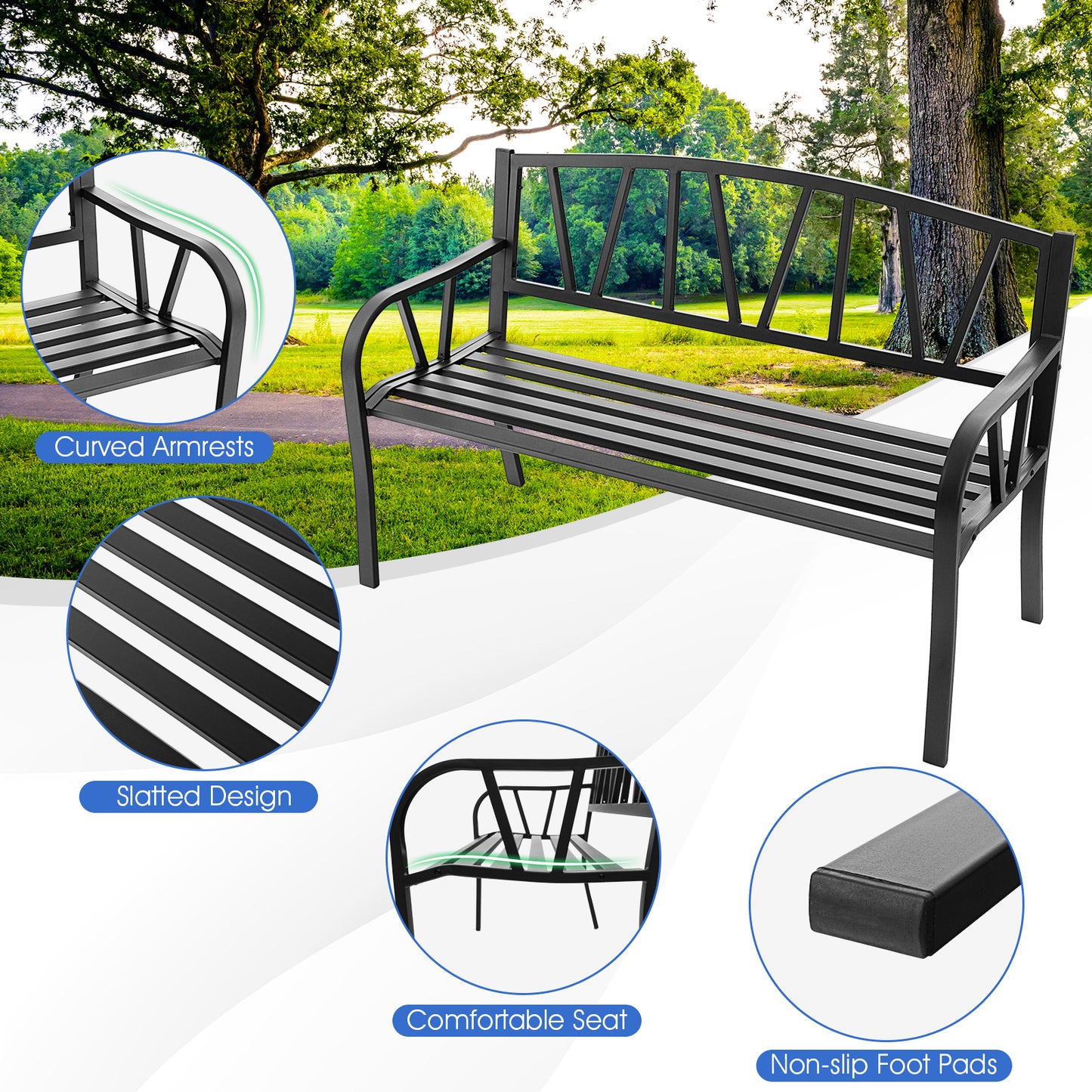 Patio Garden Bench with Metal Frame and Slatted Seat-Black (Scratch and Dent)
