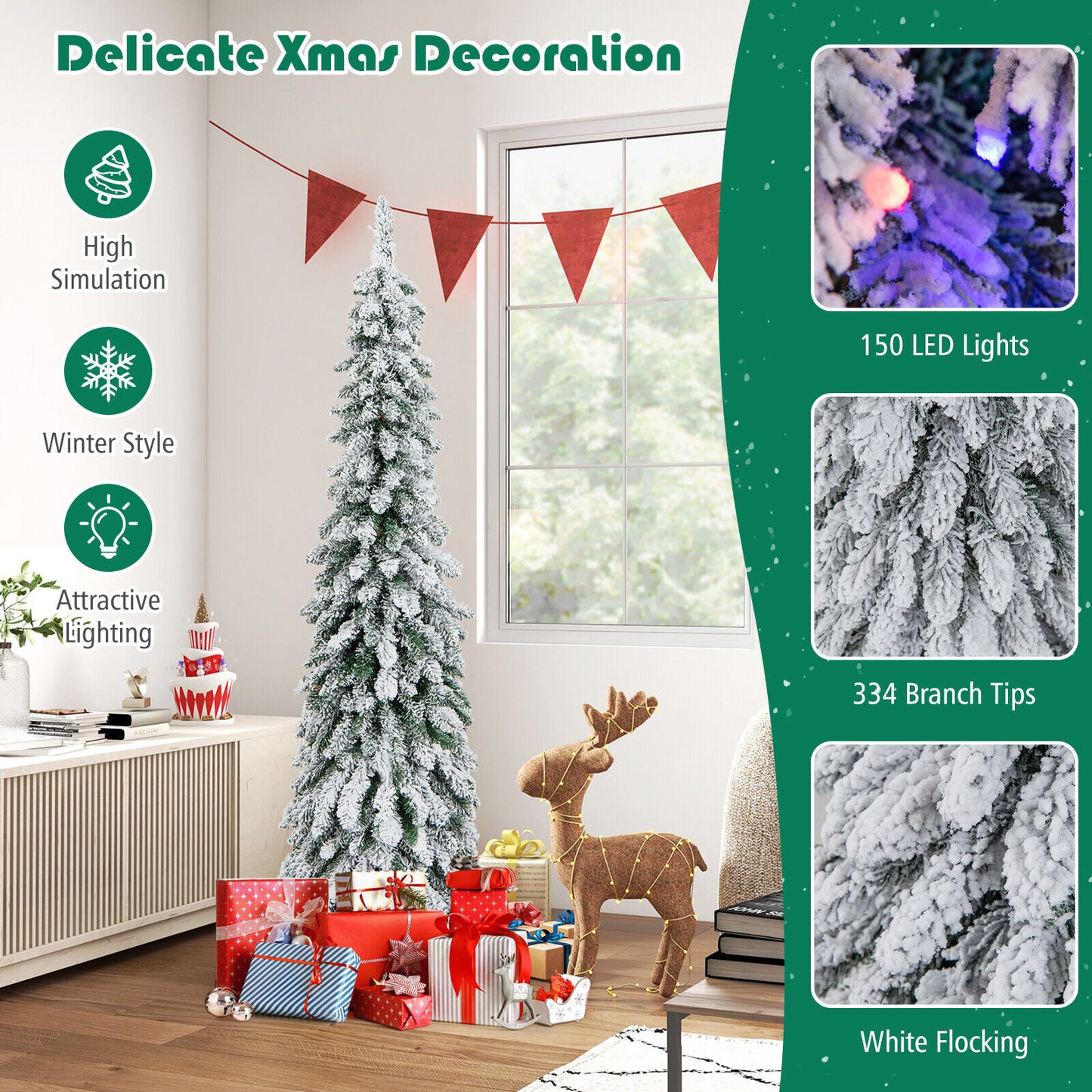5 Feet Pre-Lit Artificial Christmas Tree Snow-Flocked Slim Pencil Xmas Decor-5 ft