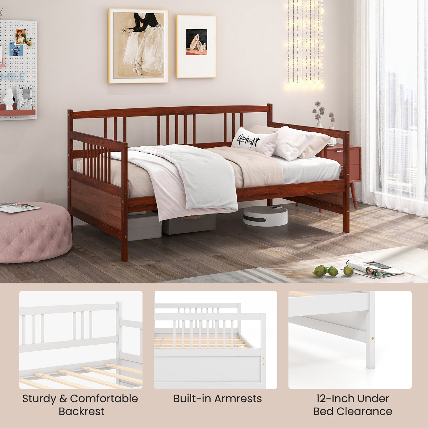 SPECIAL, Twin Size Wooden Slats Daybed Bed with Rails-Cherry, 1 box, unassembled
