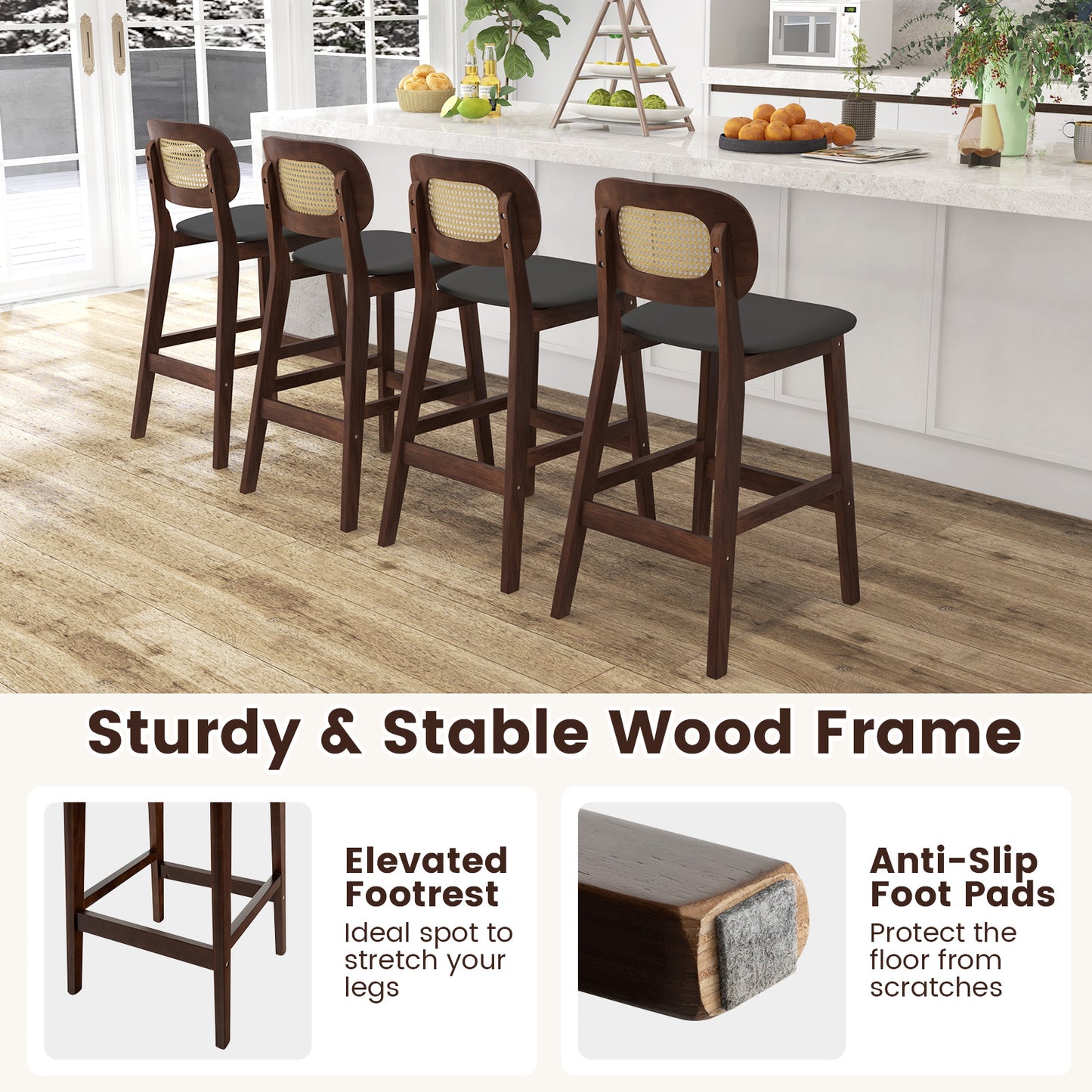 2 Piece Set, 25`` Wood Counter Chairs-Brown/ Black seat, fully assembled