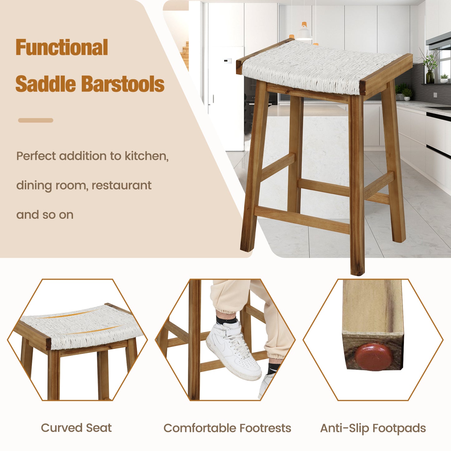 Set of 2 - 25.5 Inch Dining Bar Stool with Seaweed Woven Seat