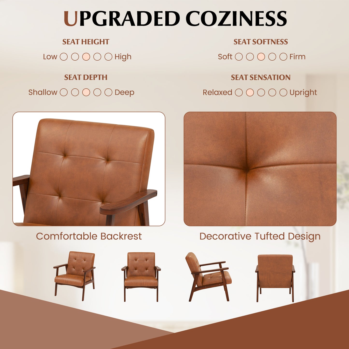 Mid Century Modern Accent Chair with Solid Rubber Wood Frame and Leather Cover-Black