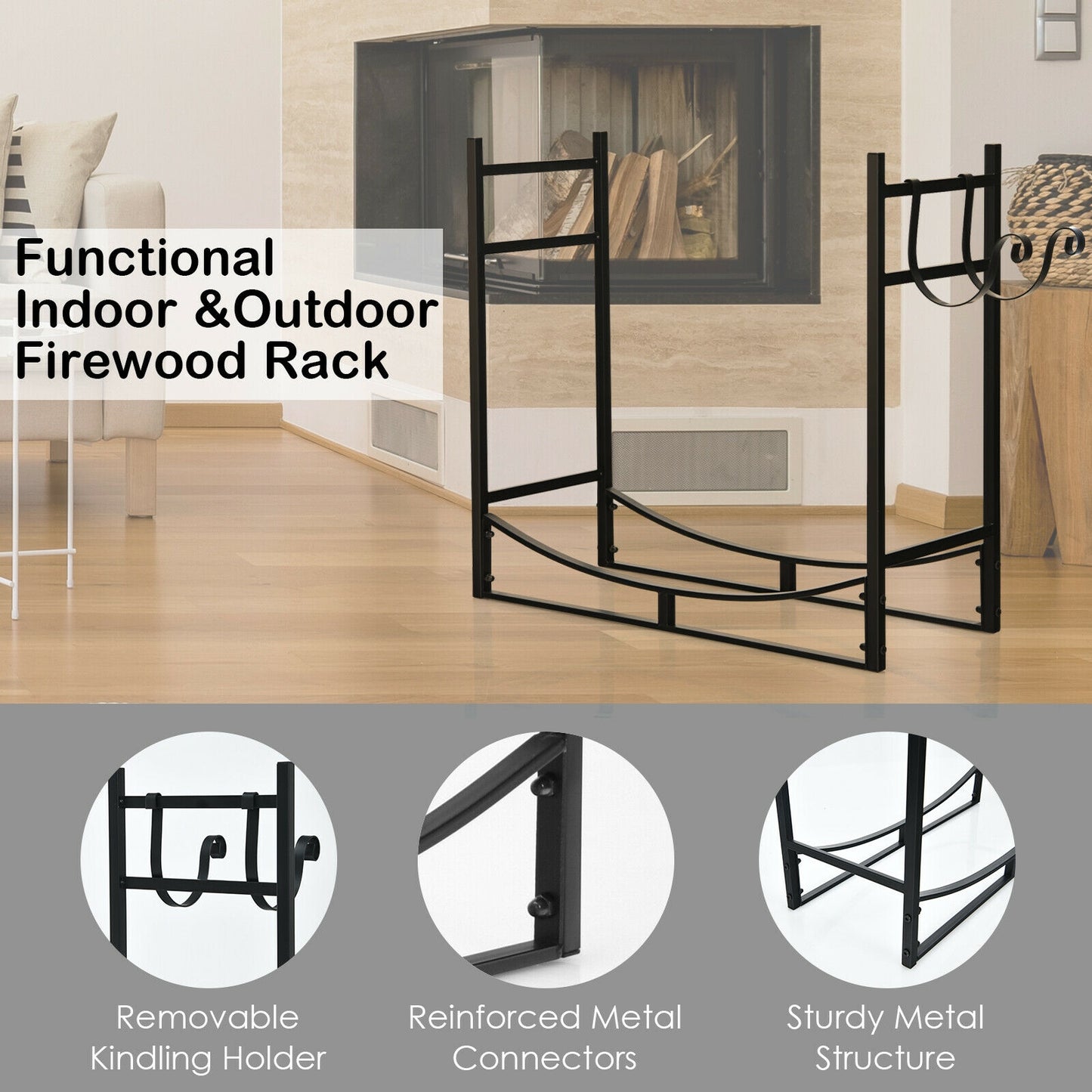 33 Inch Firewood Rack with Removable Kindling Holder Steel Fireplace Wood (1 Box, Unassembled)