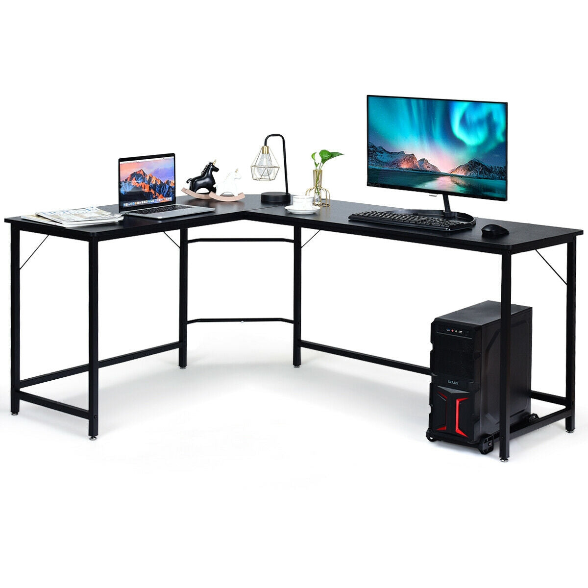 L Shaped Corner Computer Desk Laptop Gaming Table Workstation-Black (Fully Assembled)
