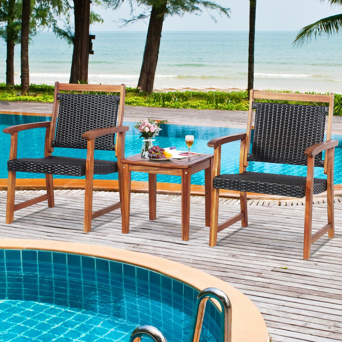 3 Pieces Rattan Bistro Set with Acacia Wood Frame for Garden (Fully Assembled)