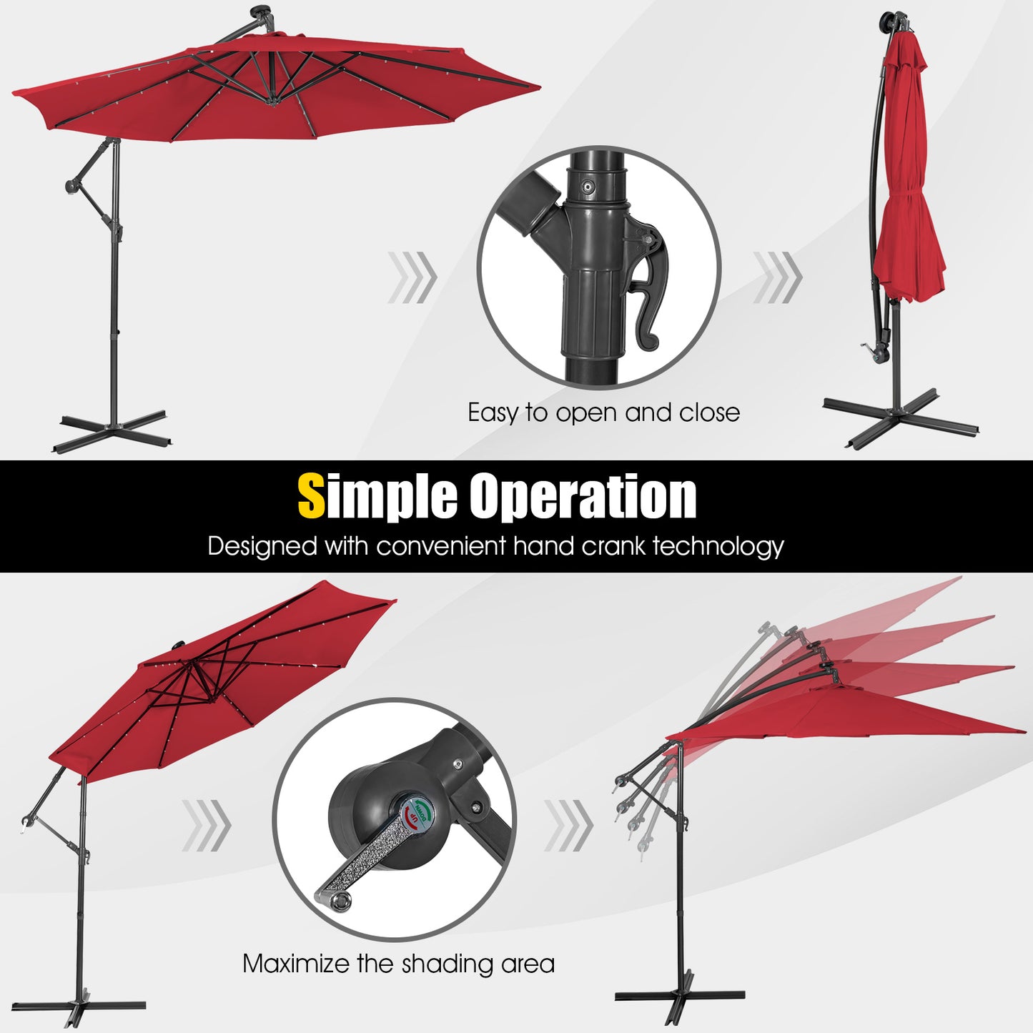 10 Feet Patio Solar Powered Cantilever Umbrella, base not included. fully assembled