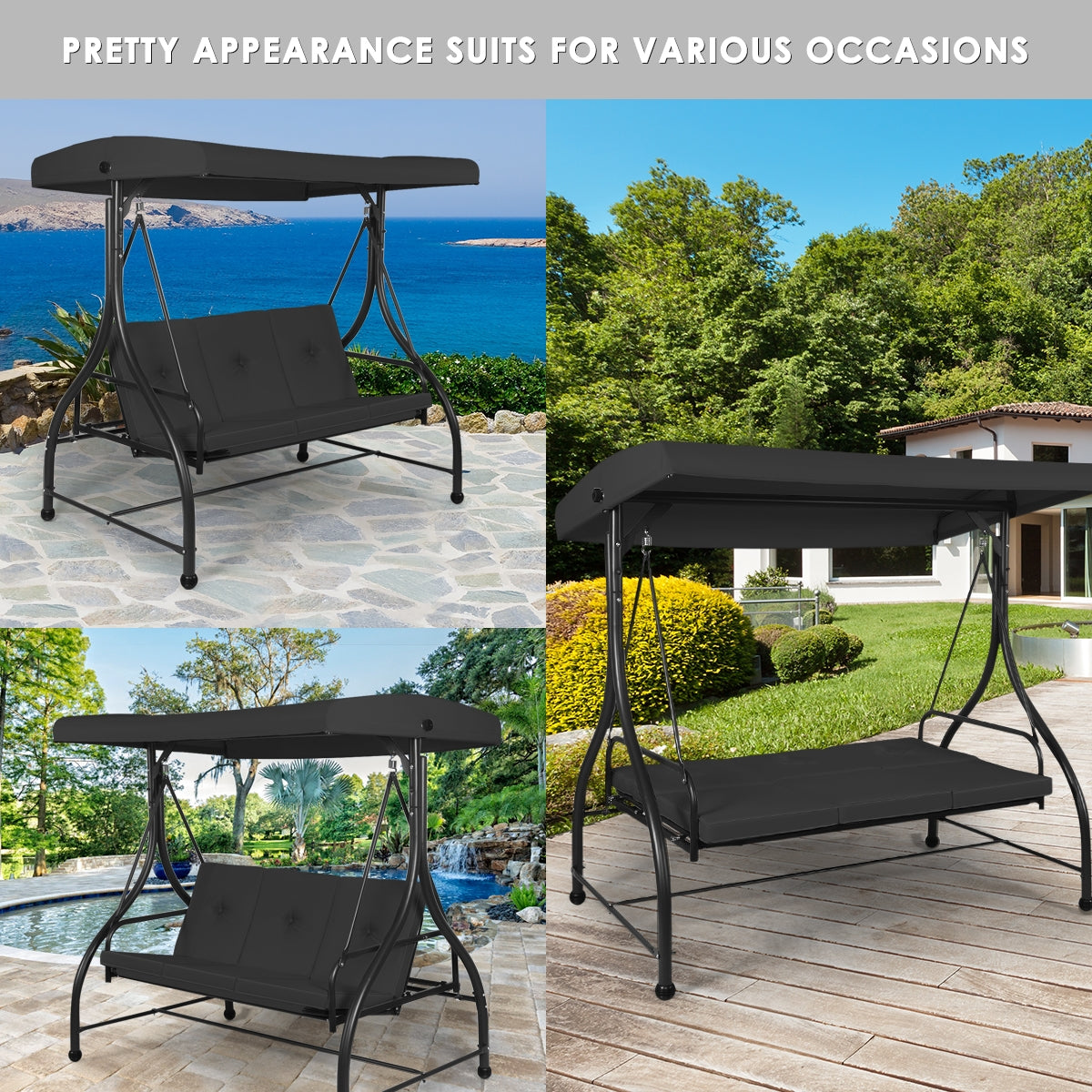 3 Seats Converting Outdoor Swing Canopy Hammock -Black - Customer Return (Unassembled)