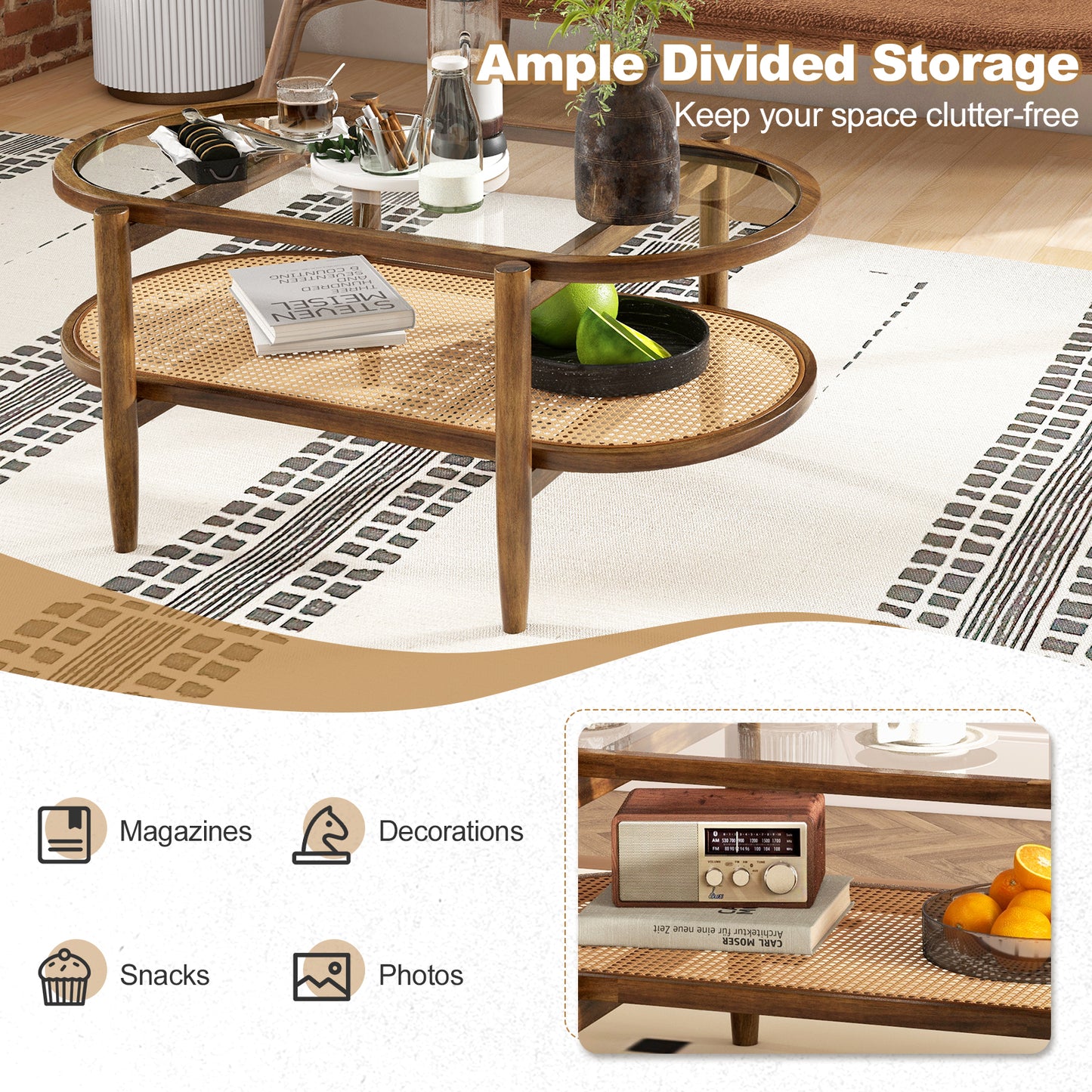 2-Tier Coffee Table with Tempered Glass Tabletop and Acacia Wood Frame (Fully Assembled)