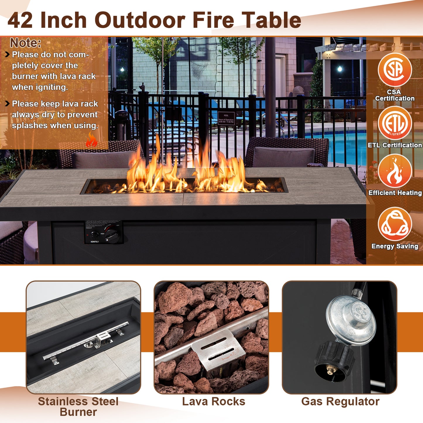 42 Inch 60000 BTU Propane Fire Pit Table with Ceramic Tabletop - Fully Assembled