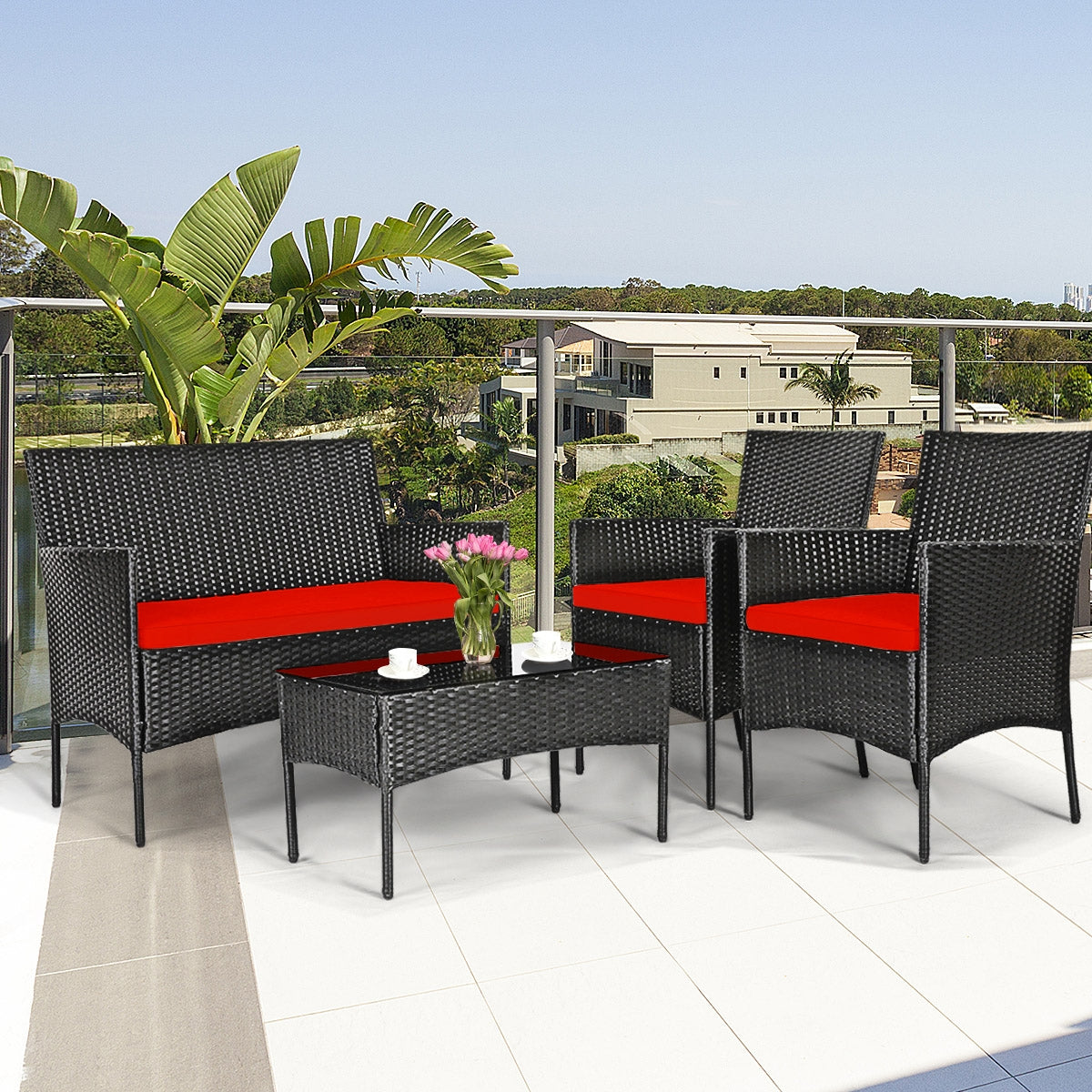 4 Pcs Patio Rattan Cushioned Sofa Furniture Set with Tempered Glass Coffee Table-Red (Fully Assembled)