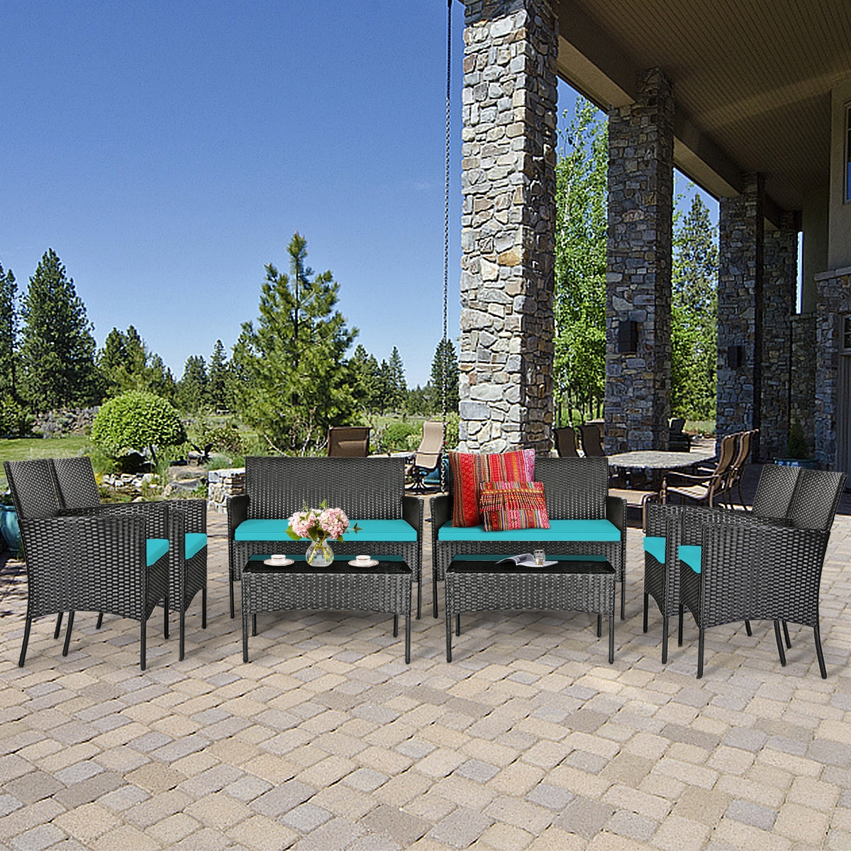 4 Pcs Patio Rattan Cushioned Sofa Furniture Set with Coffee Table-Turquoise - Fully Assembled