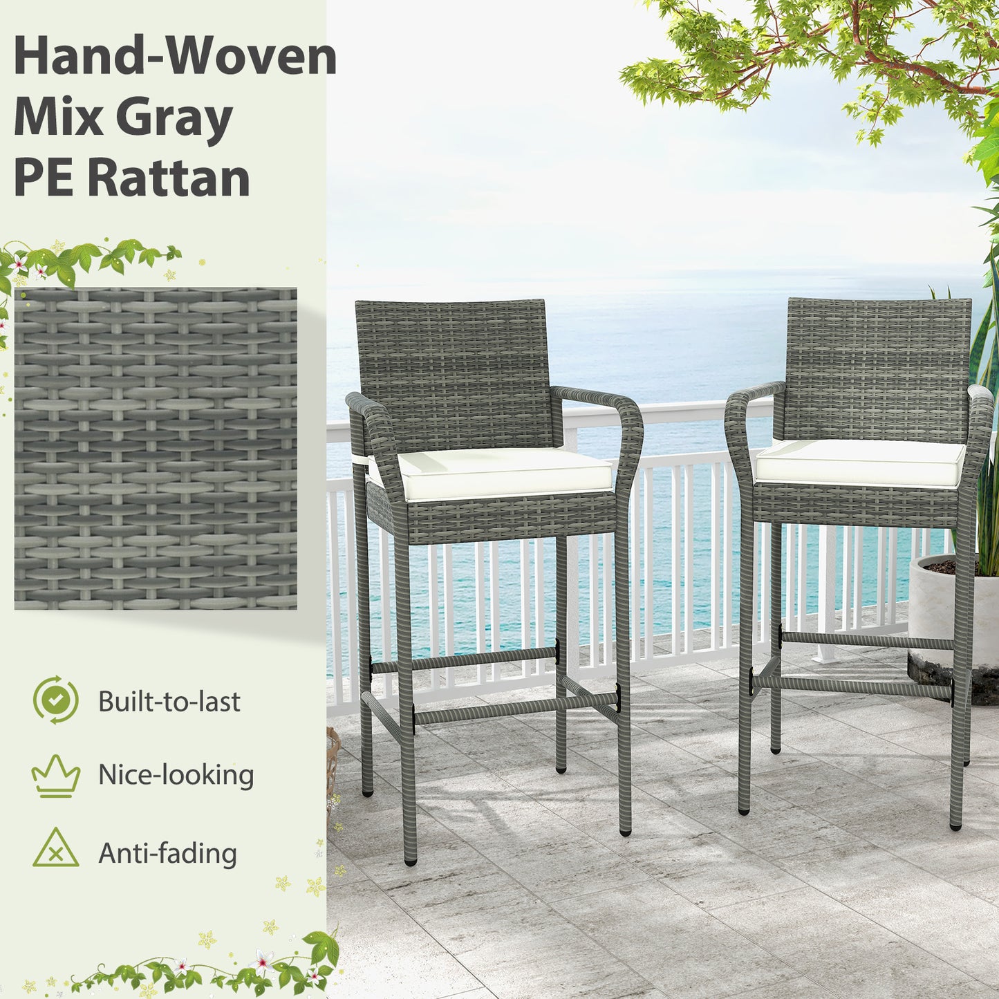 SET OF 2 Only - All Weather PE Rattan Bar Chairs with Armrests and Seat Cushions