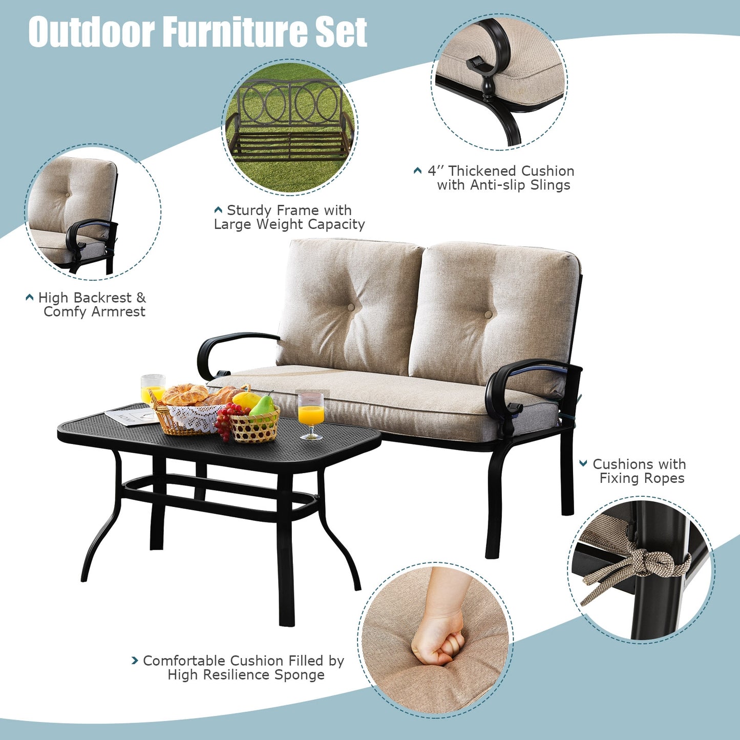 2 Pieces Patio Loveseat Bench Table Furniture Set with Cushioned Chair-Beige (Fully Assembled)