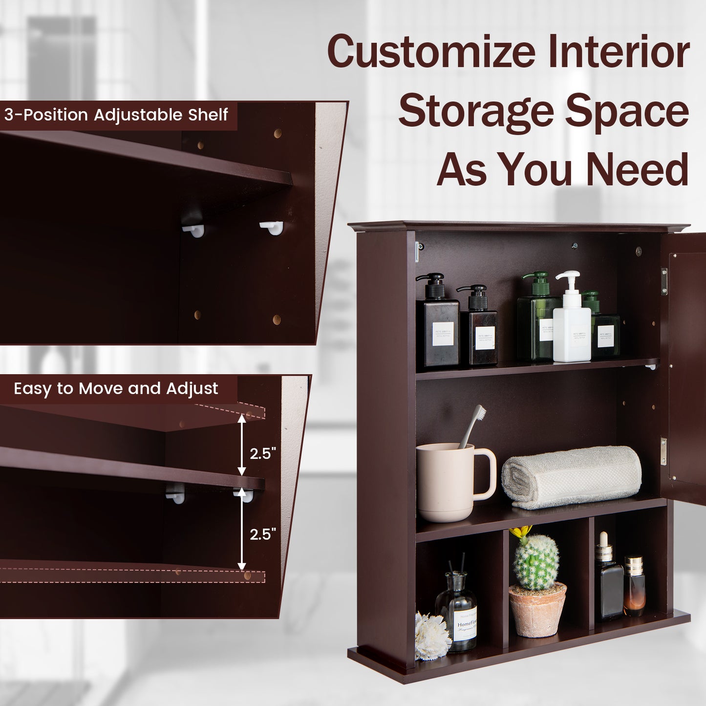 Wall Mounted and Mirrored Bathroom Cabinet-Brown (Fully Assembled)