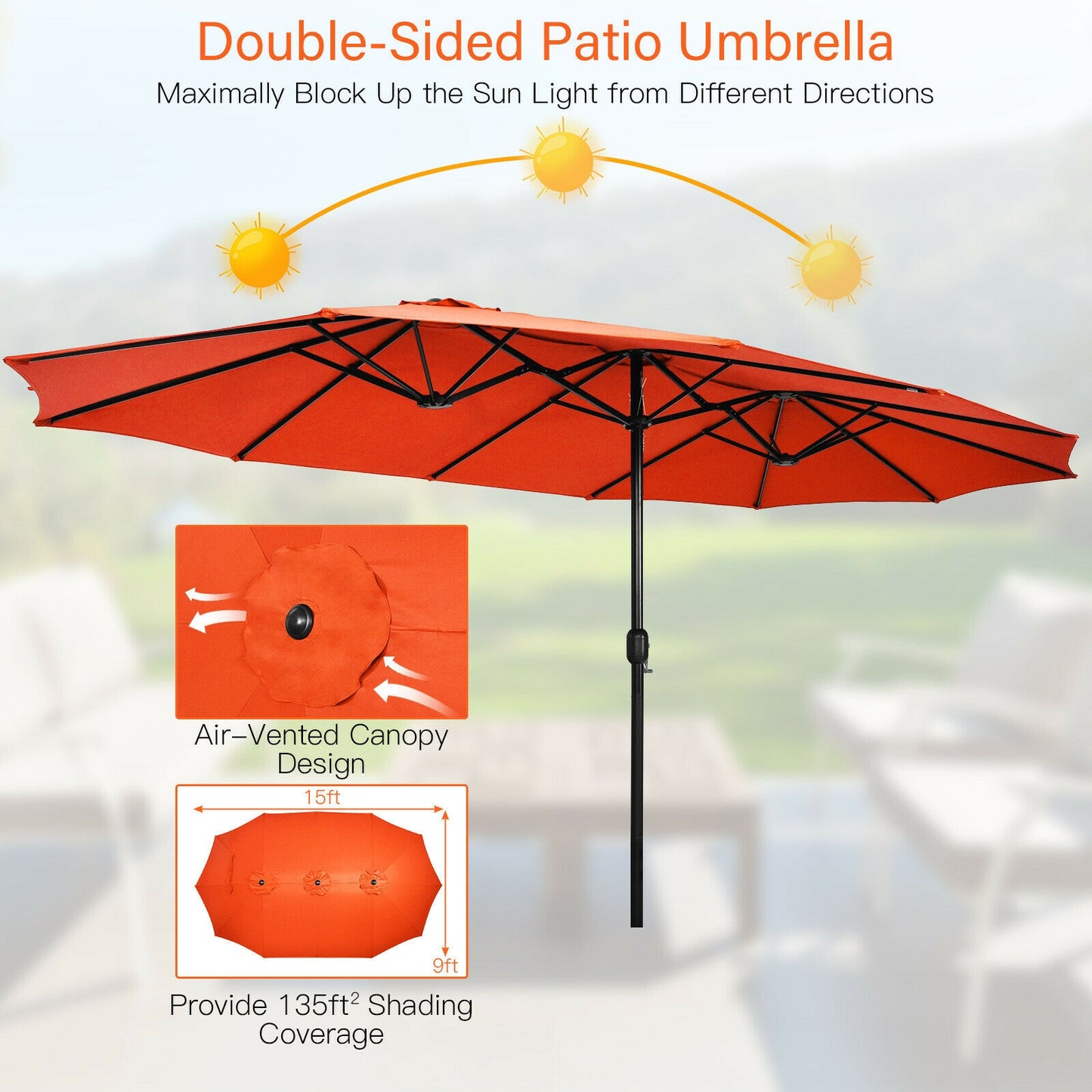 15 Feet Double-Sided Twin Patio Umbrella with Crank and Base -Orange, 1 Box, unassembled