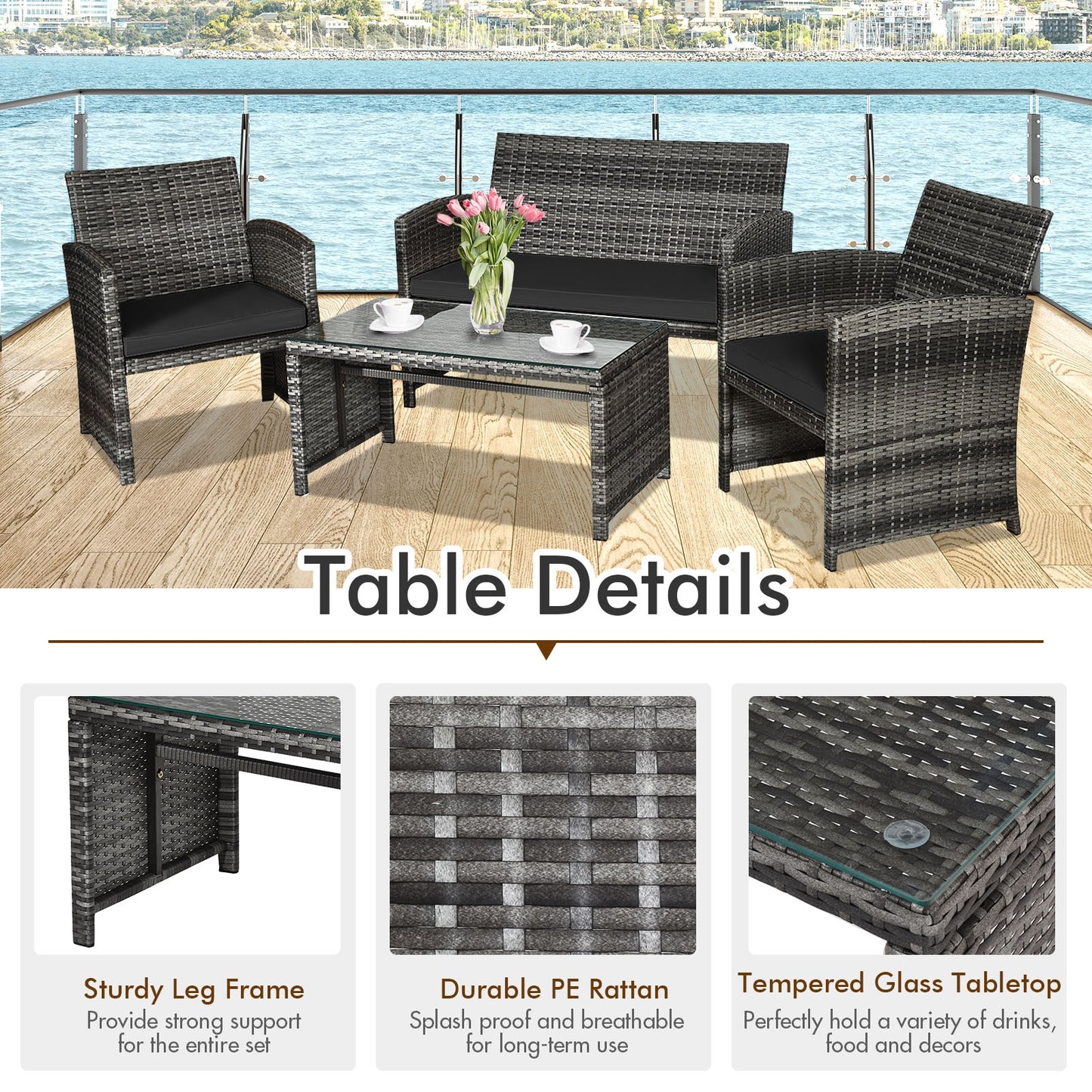 4 Pieces Patio Rattan Furniture Set with Glass Table and Loveseat-Black (Fully Assembled)