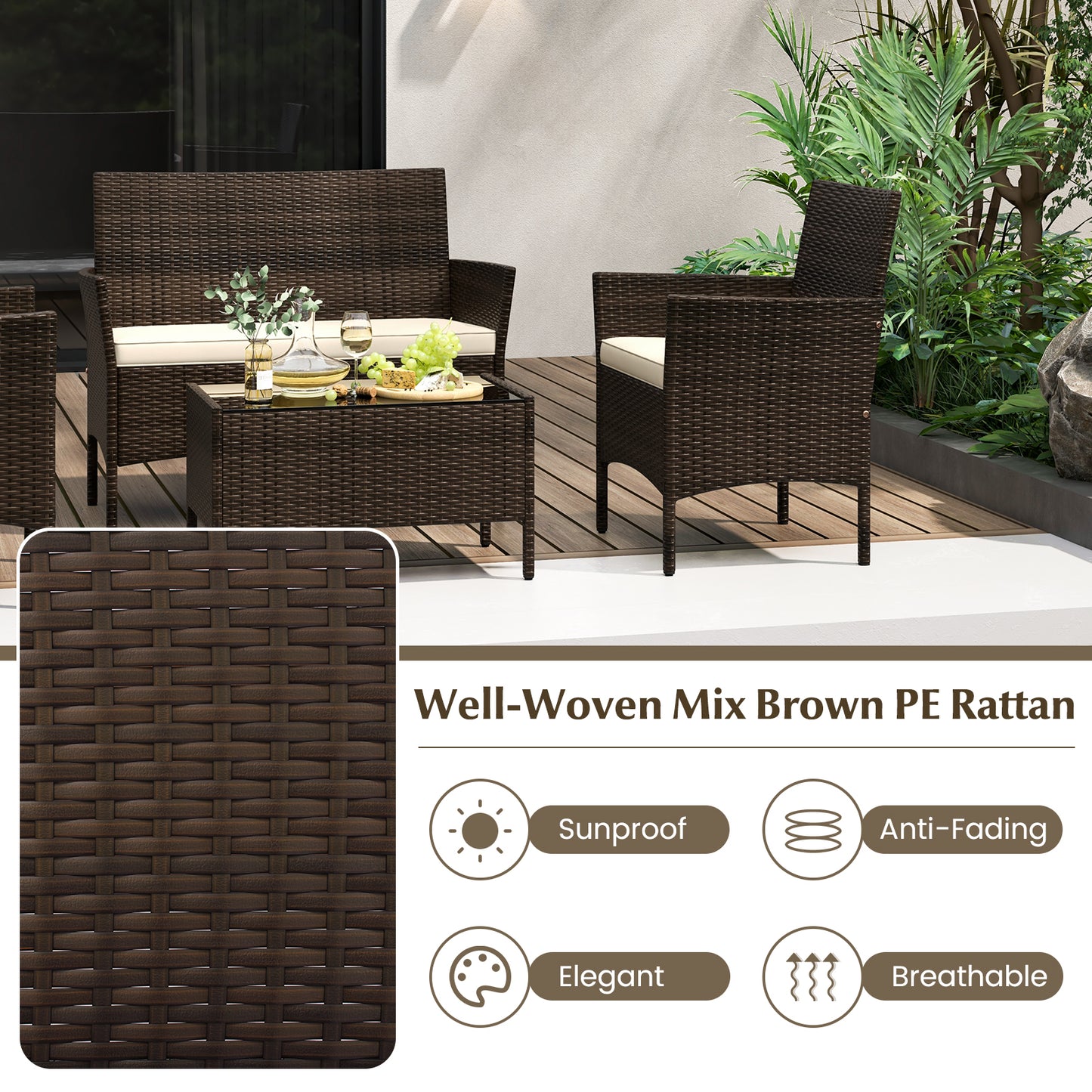 4 Piece Patio Rattan Conversation Set with Cozy Seat Cushions-Beige (Fully Assembled)
