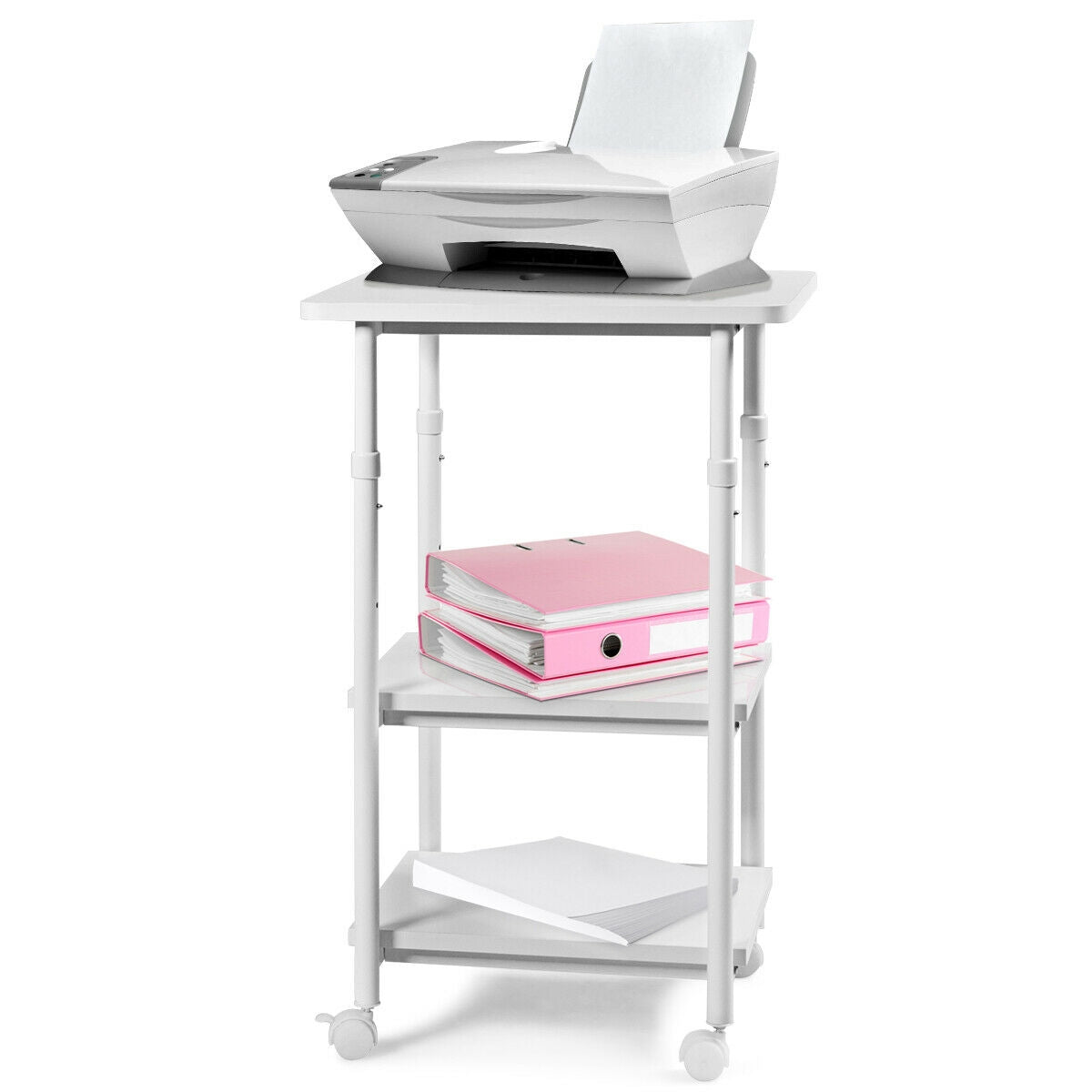 3-tier Adjustable Printer Stand with 360° Swivel Casters-White, Fully Assembled