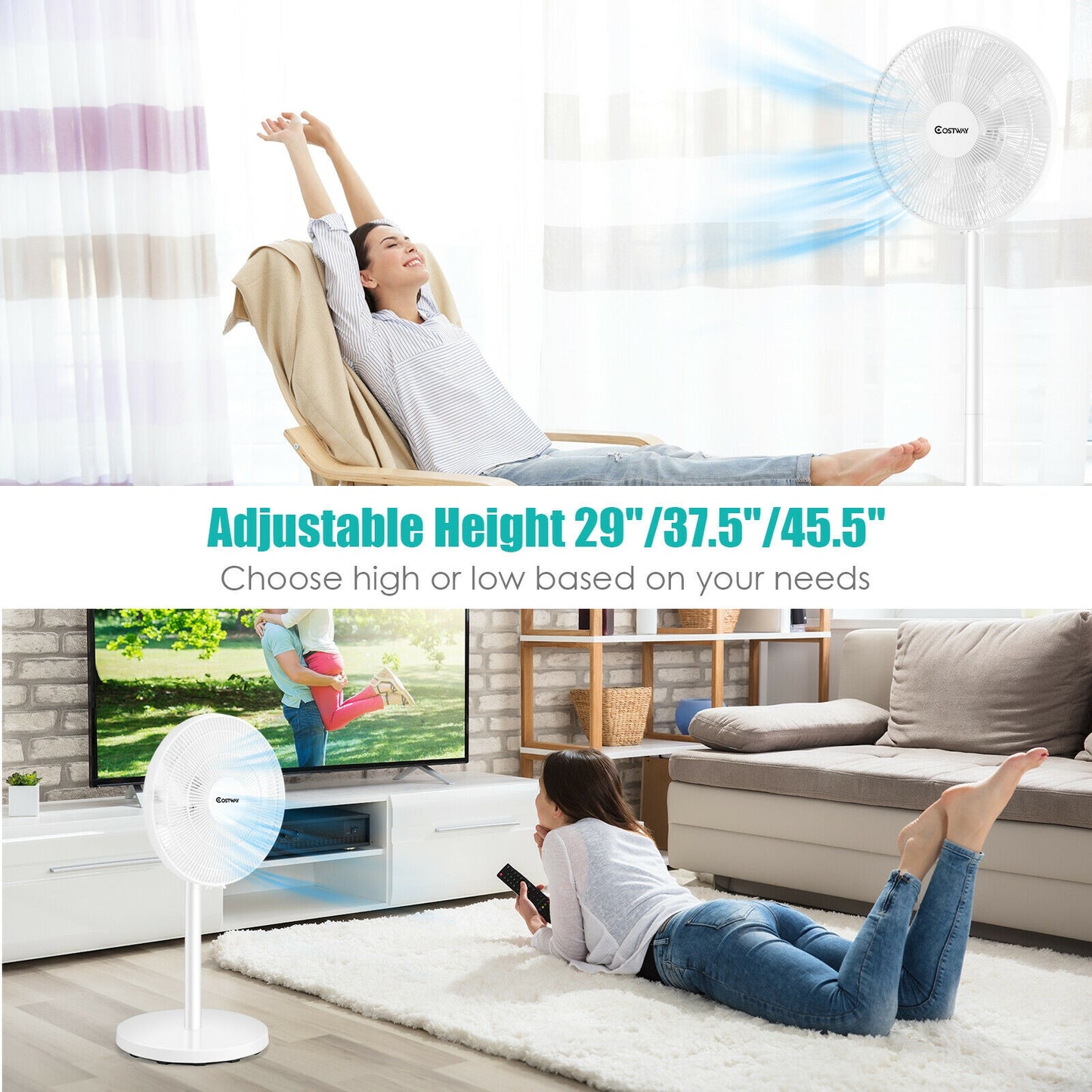 16 Inch Oscillating Pedestal 3-Speed Adjustable Height Fan with Remote Control-White, fully assembled