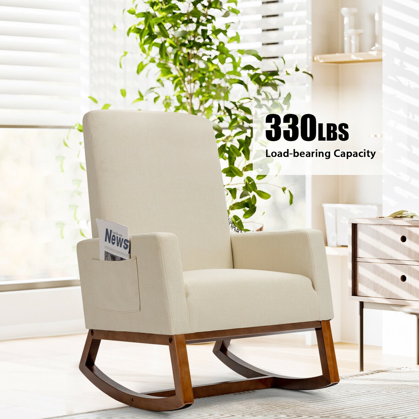 Rocking High Back Upholstered Lounge Armchair with Side Pocket- Light Beige Linen