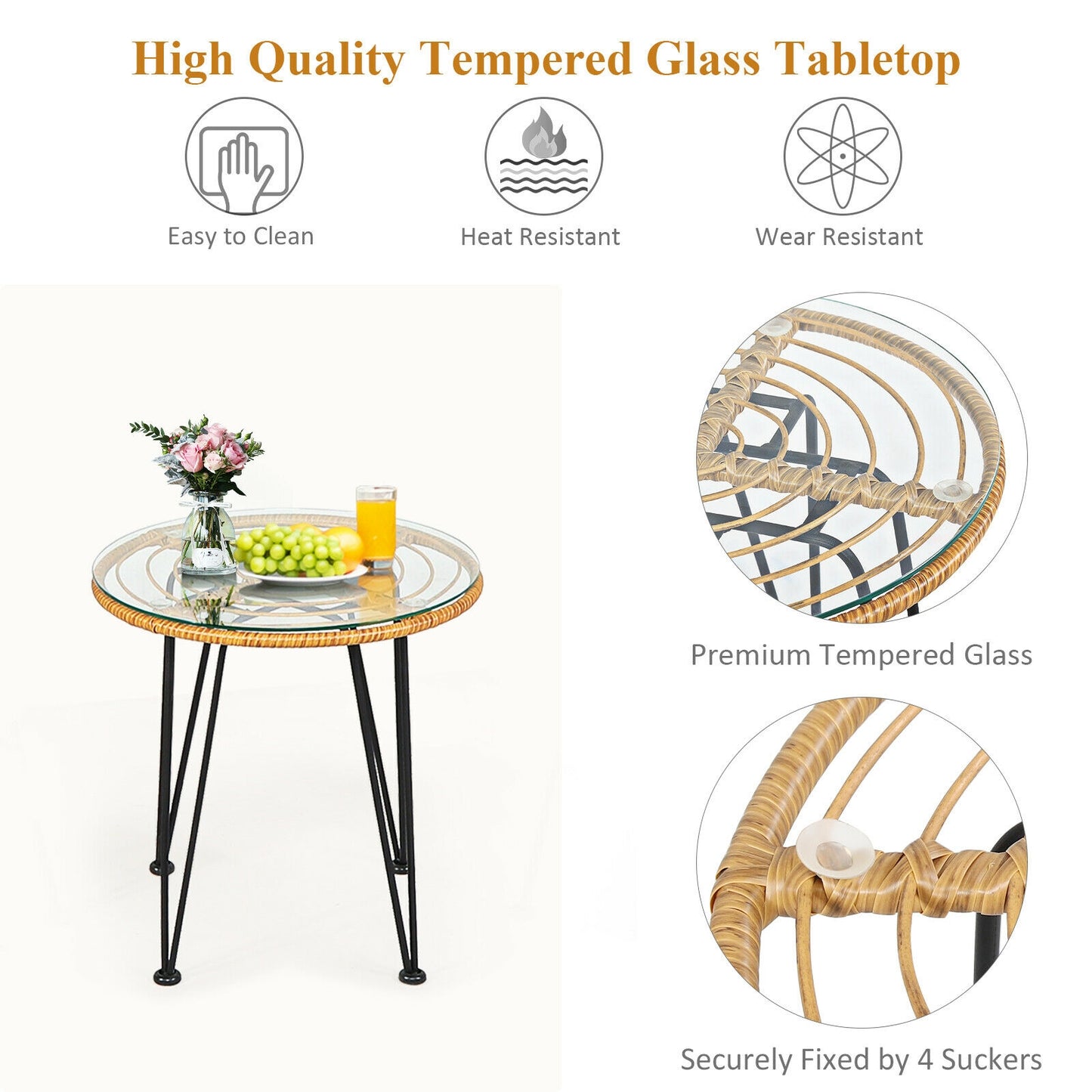 3 Pieces Rattan Furniture Set with Cushioned Chair Table-White - Fully Assembled