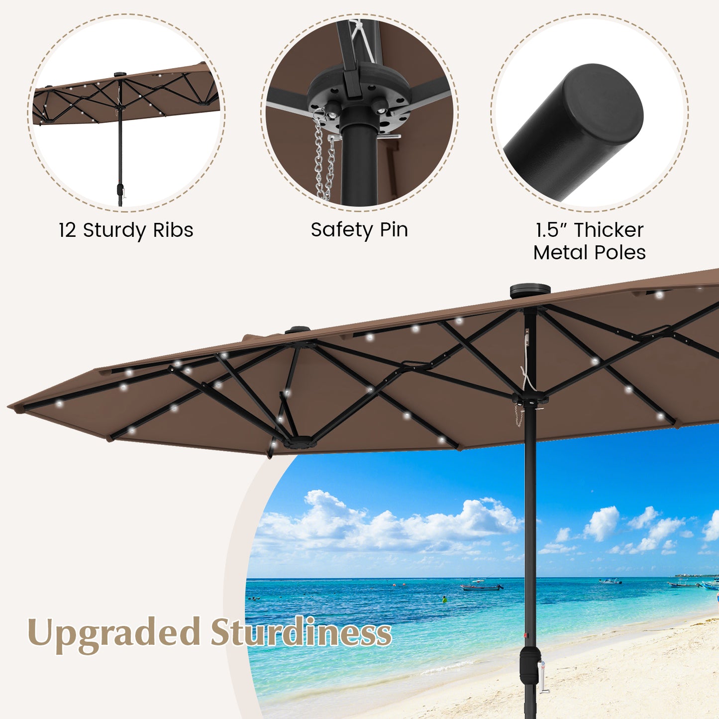 13FT Double-sided Patio Umbrella with Solar Lights for Garden Pool Backyard-Coffee (1 Box)