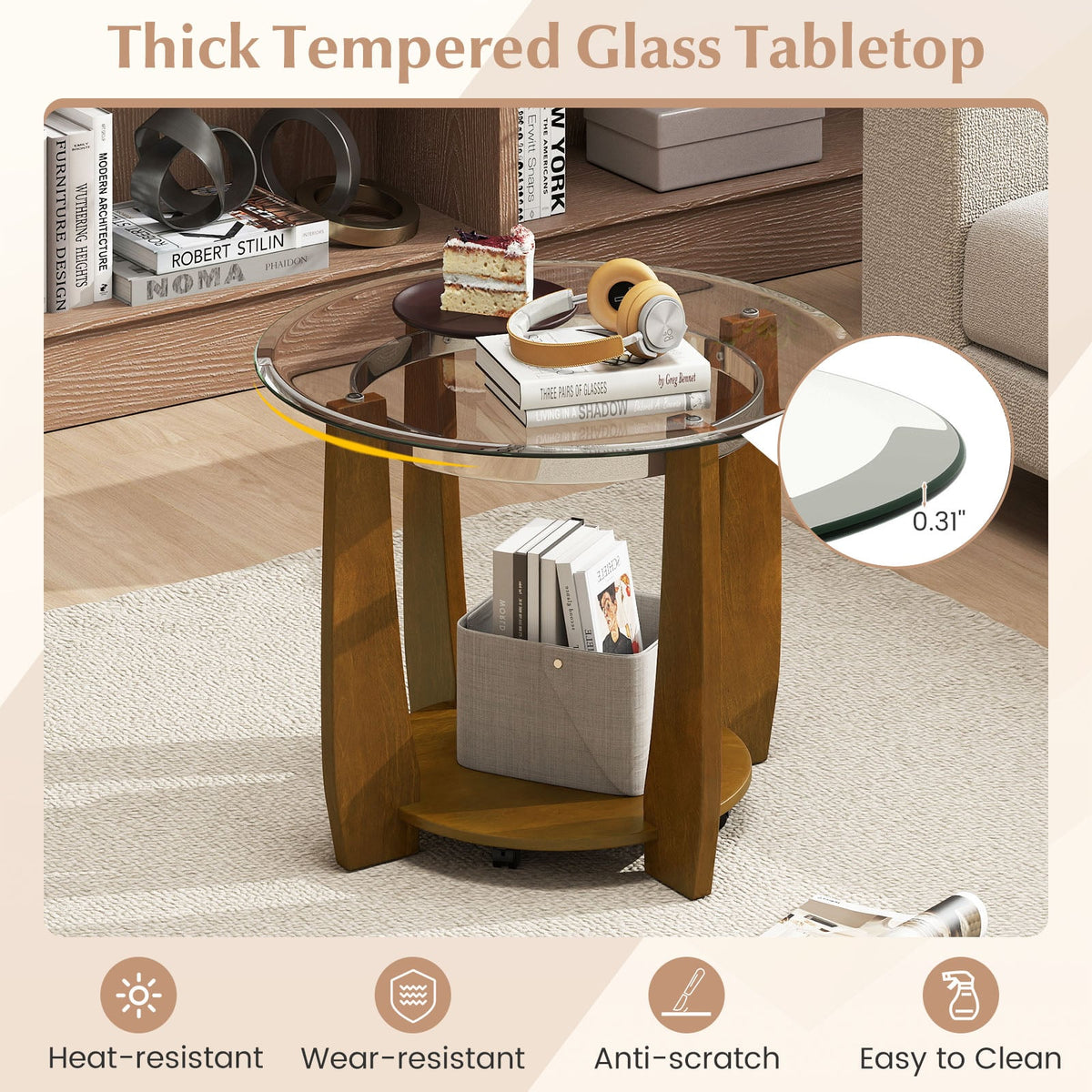 32" 2-Tier Glass Round Coffee Table with Storage Shelf-Walnut