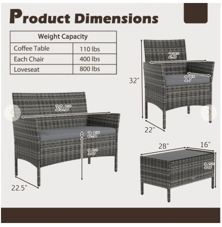 4 Pieces Patio Rattan Conversation Set with Tempered Glass Coffee Table-Gray (Assembled)