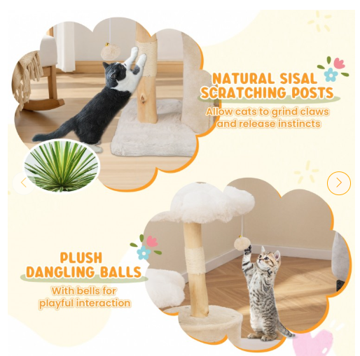 Cute Solid Wood Cat Tree Natural Branch Modern Flower Cat Tower with Sisal Scratching Posts-Beige (Assembled)