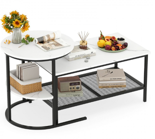 Coffee Table Set-2-Tier Rectangle Coffee Table and Side End Table with Storage Shelves