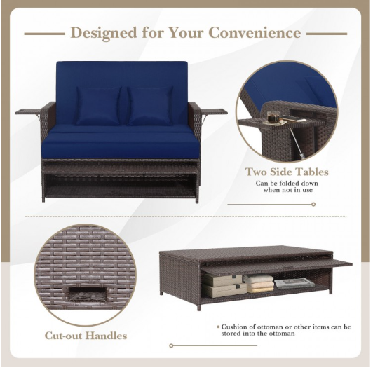 Patio Rattan Daybed with 4-Level Adjustable Backrest and Retractable Side Tray-Navy (Assembled)