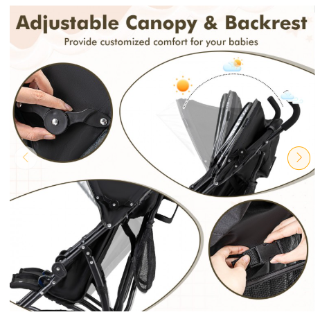 Foldable Twin Baby Double Stroller Ultralight Umbrella Kids Stroller-Black