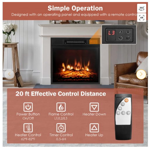 23" Electric Fireplace Insert Heater w/ Log Flame Effects Remote Control 1400W