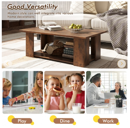 Large 41 Inch 2-tier Wooden Modern Coffee Table with Storage Shelf-Brown (Assembled)