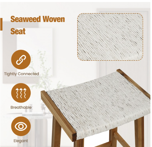 Set of 2 25.5 Inch Dining Bar Stool with Seaweed Woven Seat (Assembled)