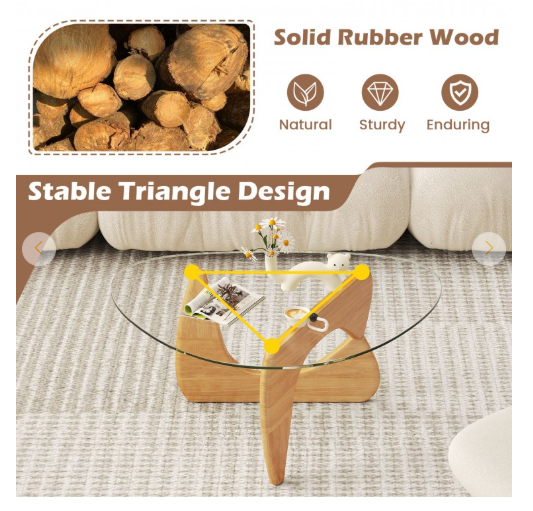 Triangle Coffee Table with Tempered Glass Top -Natural (Assembled)