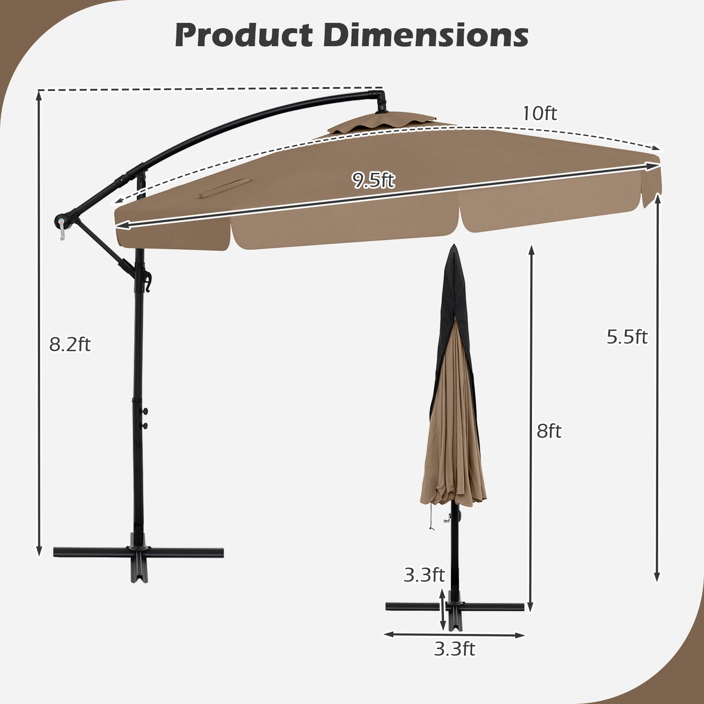 10 Feet Patio Cantilever Umbrella with Cover Tilt Adjustment and Ruffled Edge-Taupe