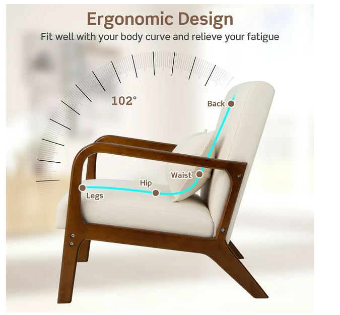 Modern Accent Chair Leisure Armchair with Rubber Wood Frame & Lumbar Pillow Beige, (Fully Assembled)