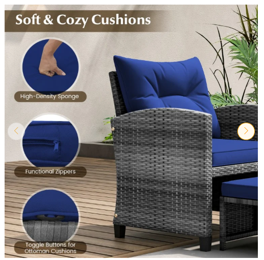 5 Pieces Patio Rattan Sofa Ottoman Furniture Set with Cushions-Grey (Fully Assembled)